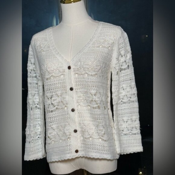 🆕 FARM Rio 🧿 NWOT White Crochet Button Up Cardigan Sweater, Sz S - Picture 9 of 15